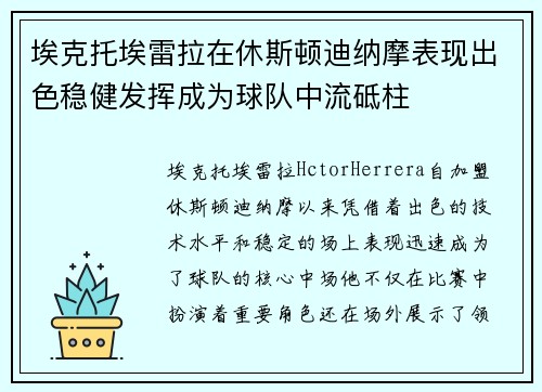 埃克托埃雷拉在休斯顿迪纳摩表现出色稳健发挥成为球队中流砥柱 埃克托埃雷拉在休斯顿迪纳摩表现出色稳健发挥成为球队中流砥柱